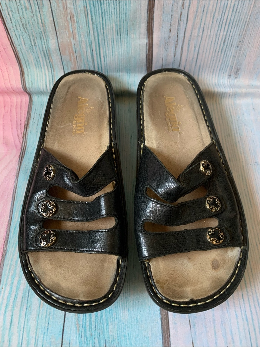 Alegria Black Women's Slide Sandals with Decorative Buttons - Picture 3 of 10